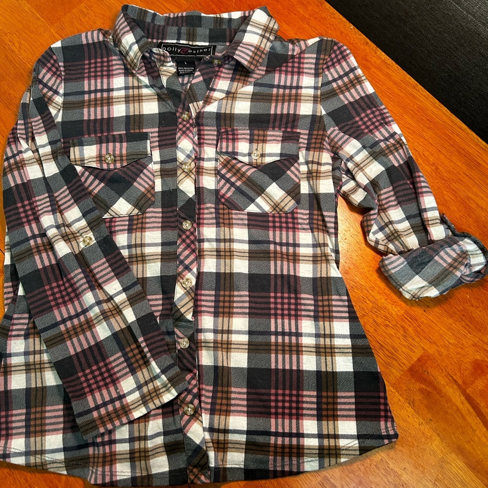 White, pink, and grey plaid button up shirt, 3/4 length sleeves